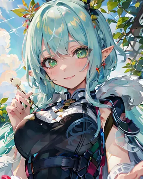 masterpiece, best quality, elf, pointy_ears, rena_erindel, 1girl, tree, breasts, long_pointy_ears, green_hair, day, sky, cloud, solo, blue_sky, dark_elf, outdoors, long_hair, green_eyes, large_breasts, cloudy_sky, forest, blush, smile, nature, fairy, palm_tree