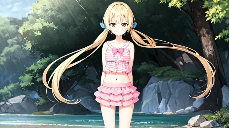 Nanami Ririka, 1girl,solo, twintails,blue ribbon,hair ribbon,brown eyes,solo,pink shirt, pink skirt, swimsuit, grass,outdoors,blue sky,  <lora:nanamiLSP:0.5>