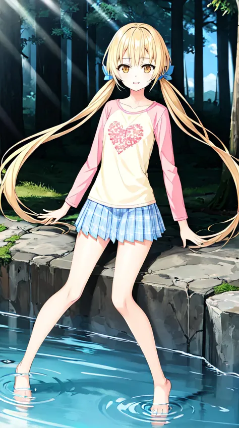 Nanami Ririka,1girl,solo,twintails,brown eyes,plaid skirt,blue plaid skirt,Pink Long sleeve,yellow top with love in it,cumulonimbus calvus,beautiful detailed water,forest,blue sky,sunny,sunlight,sitting, <lora:nanamiLSP:0.5>