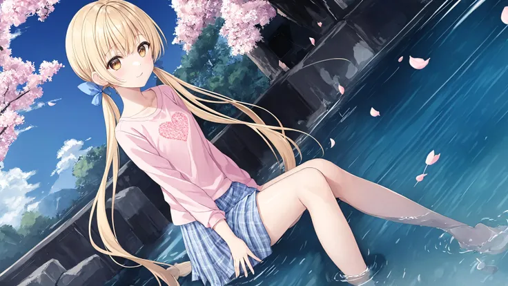Nanami Ririka,1girl,solo,hair ribbon,blue ribbon,long hair,long twintails,brown eyes,plaid skirt, blue plaid skirt, Pink Long sleeve, yellow top with love in it,outdoors,,beautiful detailed water,cherry blossoms,looking_back,<lora:nanamiLSP:0.5>,