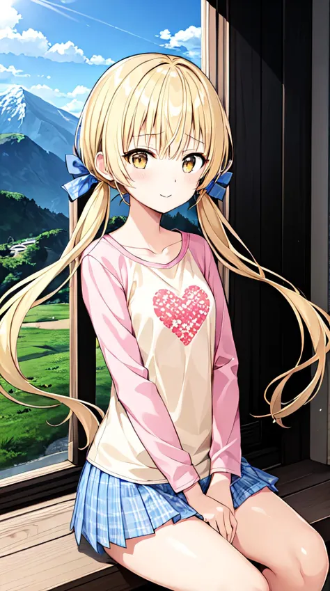 Nanami Ririka,1girl,solo,twintails,brown eyes,plaid skirt,blue plaid skirt,Pink Long sleeve,yellow top with love in it,A Green Hill Far Away,A Green Hill Far Away,The distant mountain,blue sky,sunny,sunlight,((sitting)), <lora:nanamiLSP:0.5>
