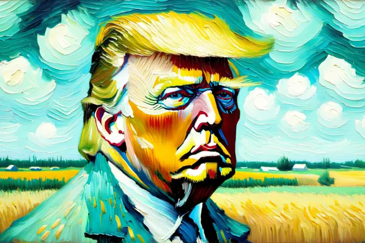 v0ng44g, p0rtr14t, soft blurry oil painting portriat of a close up shot of a (((Donald Trump by van Gogh))), farm field backdrop heavy brush strokes, by van Gogh,<lora:EMS-59113-EMS:0.800000>
