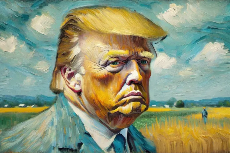 v0ng44g, p0rtr14t, soft blurry oil painting portriat of a close up shot of a (((Donald Trump by van Gogh))), farm field backdrop heavy brush strokes, by van Gogh<lora:EMS-59113-EMS:0.800000>