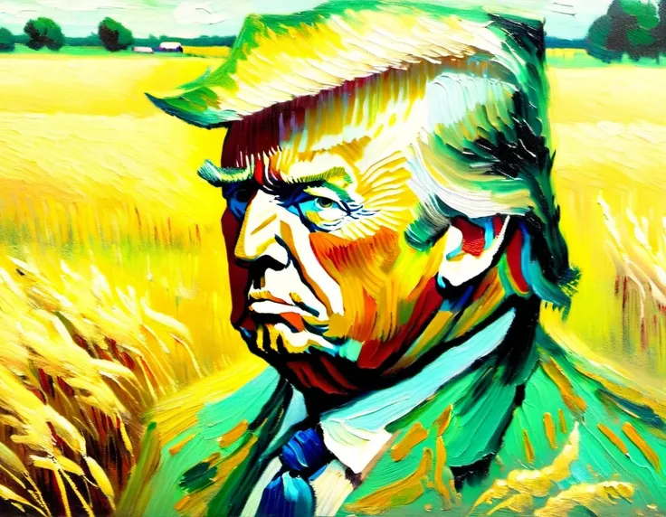 v0ng44g, p0rtr14t, soft blurry oil painting portriat of a close up shot of a (((Donald Trump by van Gogh))), farm field backdrop heavy brush strokes, by van Gogh,<lora:EMS-59113-EMS:1.000000>