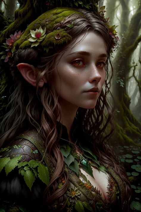 A portrait of an alluring fairy, up close,Style-SwampMagic beautiful character concept, intricate details, octane render, ,fungus and moss covered leather dress, wild hair, 8k, cinematic lighting, summoning a demon,