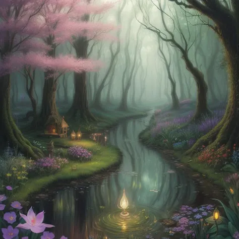 (Girlish Painting:1.3) of (Illustration:1.3),(Lustful:1.3) Style-SwampMagic:1.0, (Witchlight Fens), (magical location), (Nentir Vale), (enchanting mist), (vibrant flora),(bioluminescent fungi:0.3) (ethereal lighting), (capricious weather), (mystical rain), (shimmering raindrops), (dense fog), (moonlit glow), (whispering realms), (palpable magic), (iridescent energy), (luminescent fae), (ethereal melodies), (boundary of realms), (Feywild connection), (beauty and peril), (magical wonder), (iridescent wisps), (shimmering raindrops), (masterpiece:1.2, best quality), (ultra-detailed), (nostalgia and peacefulness:0.3), professional (landscape painting) of nature, (illustration), (ultra highres), (delicate illustration), (hyper-detailed), (super detail:1.3), professional lighting, cinematic lighting,, <lora:Mild detail adjusterV10_4:1>,(by Artist Edith Head:1.3),(by Artist Will Barnet:1.3),(Art Brut:1.3),(Vivid Colors:1.3),naturalism,land Art,regionalism,shutterstock contest winner,trending on unsplash,featured on Flickr