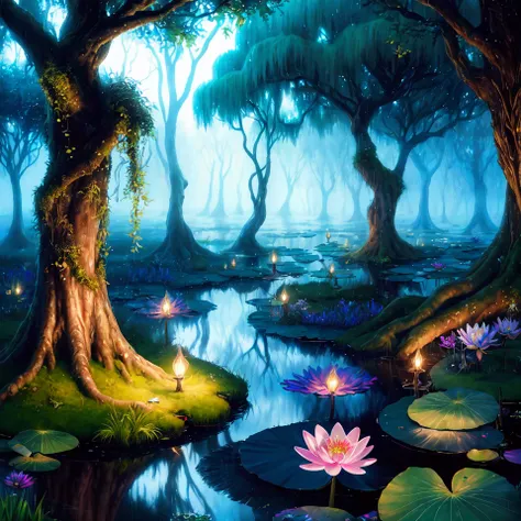 mystical and enchanting marshland that evokes both beauty and trepidation, Wisps of iridescent energy float through the air, carrying with them the whispers of ancient spells and forgotten incantations, Style-SwampMagic:1.0, (Witchlight Fens), (magical location), (enchanting mist), (vibrant flora),(bioluminescent flora:0.3) (ethereal lighting), (moss-covered trees), (water lilies), (interplay of light and shadow),(capricious weather), (mystical rain), (shimmering raindrops), (dense fog), (moonlit glow), (whispering realms), (palpable magic), (iridescent energy), (luminescent fey), (ethereal melodies), (boundary of realms), (Feywild connection), (beauty and peril), (magical wonder), (iridescent wisps), (masterpiece:1.2, best quality), (ultra-detailed), (nostalgia and peacefulness:0.3), professional (landscape painting) of nature, (illustration), (ultra highres), (delicate illustration), (hyper-detailed), (super detail:1.3), professional lighting, cinematic lighting, , <lora:Mild detail adjusterV10_4:0.5>