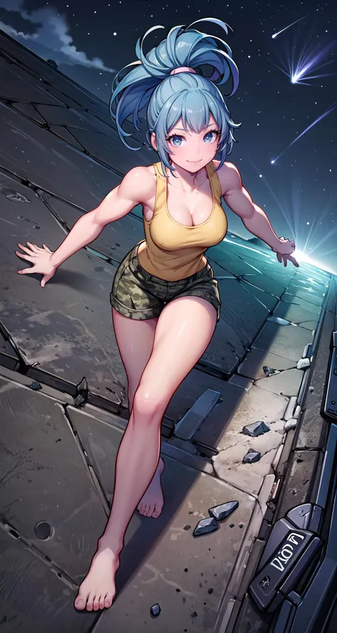 (masterpiece),(intricate details),1boy,young girl,smile,large breasts:1.3,Cleavage
BREAK
LeonaMS, yellow tank top, camouflage pants, muscular female<lora:Leona:0.8>,((barefoot))
BREAK
moon,night,meteor,((cumulonimbus)),looking at viewer, from above:1.1, ((full body))