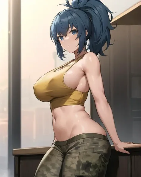 Masterpiece, Best Quality, 1girl,LeonaMS ,yellow tank top, camouflage pants,  large breasts<lora:LeonaMS:1>