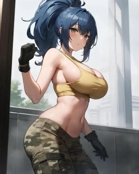 Masterpiece, Best Quality, 1girl,LeonaMS ,yellow tank top, camouflage pants,  large breasts,<lora:LeonaMS:1>