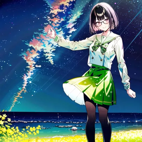 seto miyako, 1girl, solo, pantyhose, skirt, green skirt, bow, glasses, long sleeves, full body, looking at viewer, shoes, short hair, sailor collar, white background, green bow, bowtie, pleated skirt, brown footwear, black pantyhose, plaid bow, school uniform, closed mouth, standing, bob cut, loafers, simple background, shirt, smile, white sailor collar, bangs, white shirt, virtual youtuber, serafuku, pink hair, black hair, buttons, multicolored hair, green bowtie, floral print, brown eyes
<lora:SetoYamiko0001:0.7>
blush,((( midd night, night sky, )))
((( outdoors,day, ))),(( cowboy shot , dynamic pose, looking at viewer, ))
<lora:GoodHands-beta2:1>
<lora:add_detail:0.1>