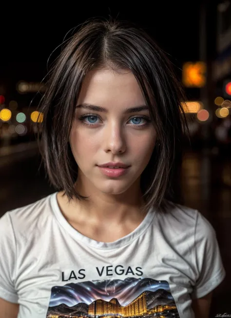 HDR, 8K resolution, intricate detail, sophisticated detail, depth of field, photorealistic, sharp focus, analogue RAW DSLR photograph, photorealistic, looking at viewer, closeup portrait, 1 girl, las vegas background, ((night out shirt)), Adr1anaCh3chik, short hair, <lora:Adr1anaCh3chik:0.8>, <lora:add_detail:0.75>  <lora:quickfix:1>