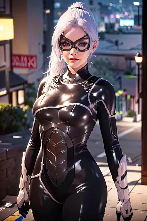 (Beautiful girl), render, 8k, octane render, cinema 4d, blender, atmospheric 4k ultra detailed, cinematic sensual, Sharp focus, humorous illustration, hyperrealistic, big depth of field, colors, 3d octane render, 4k, concept art, trending on artstation, solo, full body shot (hyperrealistic, Hyperdetailed, Vivid colors, Wlop, stanley artgerm lau:1.5), (((1girl, long hair, white ponytail, black bodysuit, perfect body, shiny latex texture, skintight, boots, mask, blue eyes, breasts, medium breasts, lipstick, makeup, Jayme Lynn Evans))), feliciacat, <lora:feliciacat:0.68>, New York City at night background, smile, <lyco:GoodHands-beta2:1.0>, looking at viewer,
