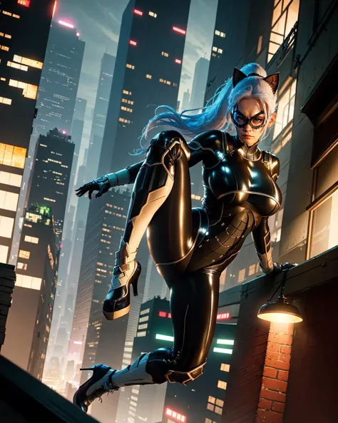 at night, skyscrapers, on rooptop,
feliciacat, 1girl, full body photo, jump,attack, dynamic pose,
mask , serious, long hair, white ponytail, black bodysuit , perfect body,
shiny latex texture, skintight,
(huge breast, extremely narrow waist:1.3), wide pelvic,big hip, thigh,calf, highheels,
<lora:feliciablackcat:0.67>,
(realistic skin_details, sharp focus, eyes_focus, masterpiece,best quality,finely detailed,extremely detailed, realistic detail,clear_image,realistic, high_resolution,distinct_image:1.2)