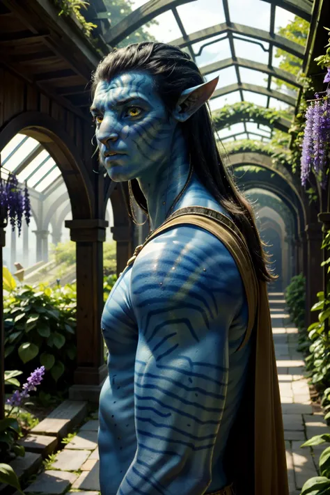 blue skin avatar man, from avatar movie, drip, swag, muscular, gold chains, rings, boss, smirking, sunglasses, standing in a forest