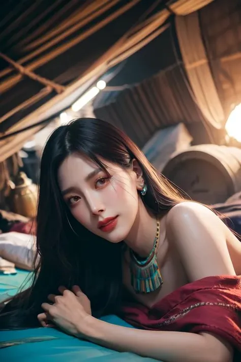 (otherworldly, otherworldly atmosphere, otherworldly appearance), highly insanely detailed, masterpiece, top quality, best quality, highres, 4k, 8k, RAW photo, Caribbean, egyptian, 
depth of field, focused, foreshortening, 
(dark tunnel, flower field, flower filed, china street), 
(long_hair, long hair), collar, earrings, (Latina:0.5), 
(random colors cloth, random colors hair), sparking lips, 
(Adult, jav, half naked, nsfw:0.8), 
baifern1, 
<lora:baifernv1_ghotilafish:0.7>, 
fisheye, from below, 
(air bed, indian slums, egyptian slums:1.2), Air Mattress, 
(smiling at viewer), (fantasy world)
