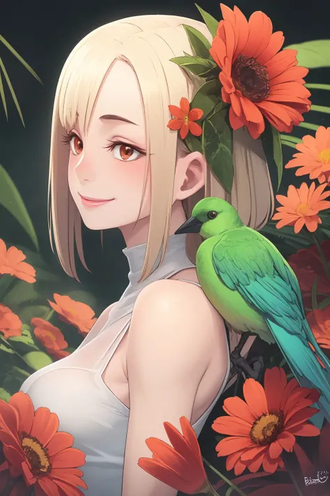 portrait, solo, 1girl, looking to the side, smile, blush, small breasts, glttering light, Bird_of_Paradise \(flower\), floral background <lora:butcha-u_style_v03:1>