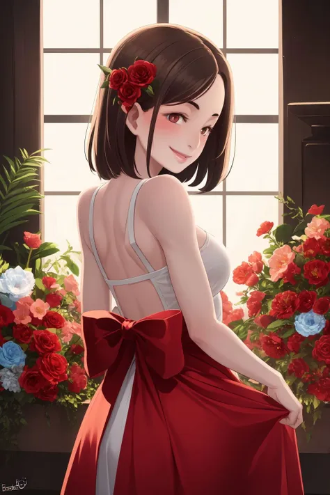 solo, 1girl, looking ahead, smile, blush, small breasts, frontlighting, Red_Ribbons \(flower\), floral background <lora:butcha-u_style_v03:1>