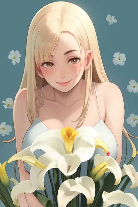 1girl, looking down, smile, blush, large breasts, bright, Calla_Lily \(flower\), floral background <lora:butcha-u_style_v03:1>