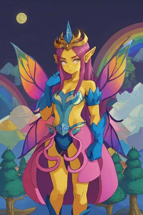 masterpiece, best quality, 1girl, solo, standing, <lora:terraria_empressoflight-10:1> empressoflight, colored skin, blue gloves, wings, <lora:background-terraria-richy-v1:1> terrariabackground, forest, rainbow, multi-colored trees