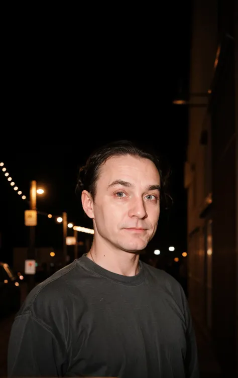 flashphoto, a Over-saturated shot of 1man of 60yo (Ty Boyle:1.3), Double Buns hair, Waterfalls Theatre,Town Square, night <lora:epiCFlashPhoto_Lora:1>