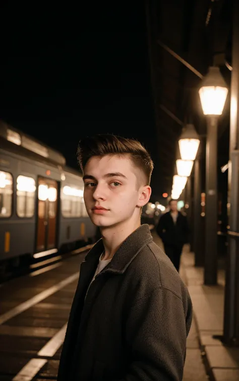 flashphoto, a Documentary shot of 1boy of 18yo (Stepan Vinogradov:1.3), Quiff hair, Mountains Manatee,Train Station, night <lora:epiCFlashPhoto_Lora:1>