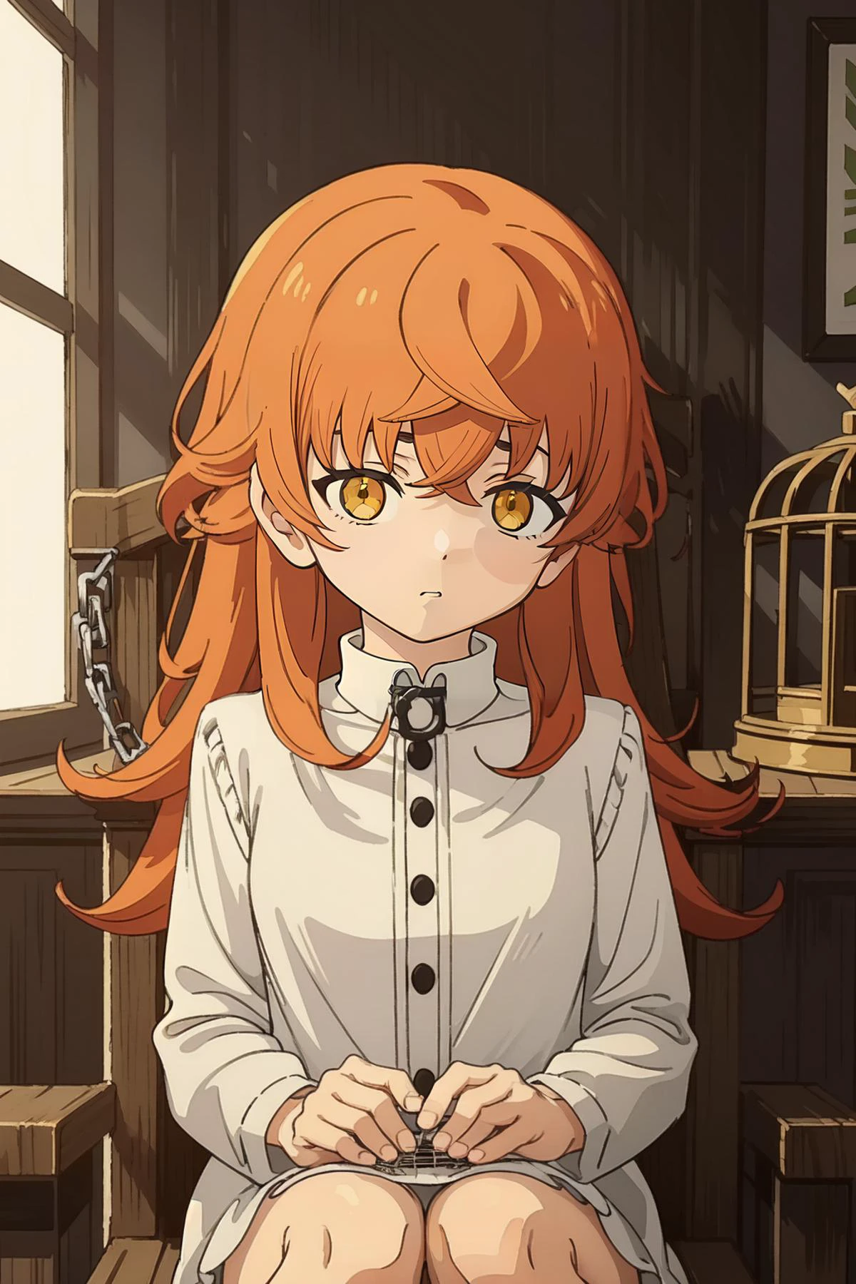 (masterpiece, best quality), intricate details,
1girl, <lora:1657232727343500012:0.8> juliette, yellow brown eyes, orange hair, long hair, shaggy cut, crossed bangs, indoors, (metal collar, chain, sitting inside a cage:1.2)