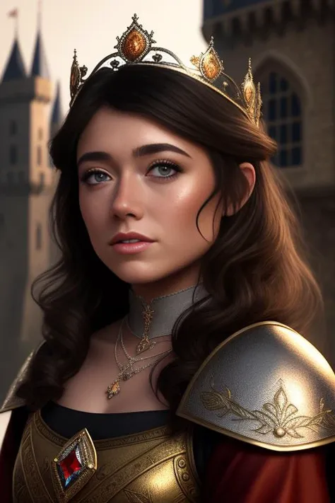 tabiswat as a medieval princess stganding in front of a castle, princess robe, crown, masterpiece, best quality, highest quality, cinematic lighting, (volumetric lighting), extremely detailed CG unity 8k wallpaper, focused, 8k wallpaper, 4k wallpaper, extremely detailed, ultra realistic, photorealistic, sharp focus, absurdres, (HDR:1.2), (high contrast), photograph, detailed and intricate, instagram, portrait, highly detailed, digital painting, artstation, concept art, smooth, sharp focus, illustration, cinematic lighting, Style-Princess,