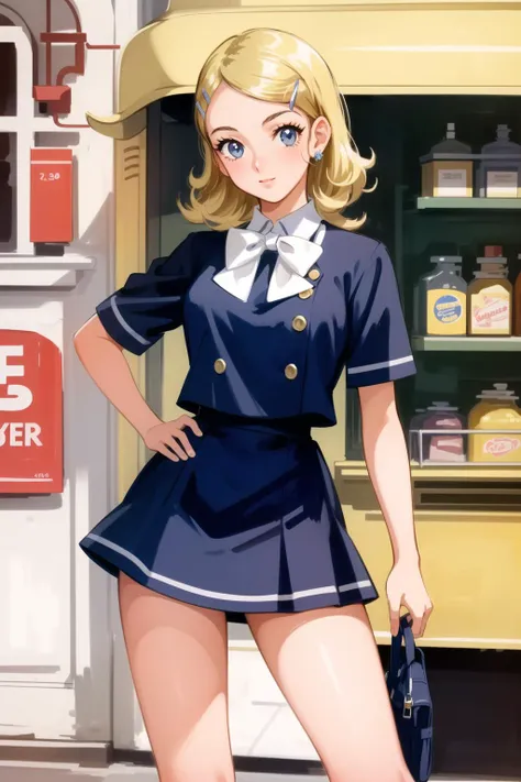 best quality, intricate details,

1girl, <lora:aceTrainerXYPokemonXY_v10:0.8>  cowboy shot, standing, contrapposto, acexy, bowtie, hairclip, socks, skirt,

 <lora:adAmericana_v10:0.8> Ad Americana Style,  vintage painted advertisement, retro 1950's style,