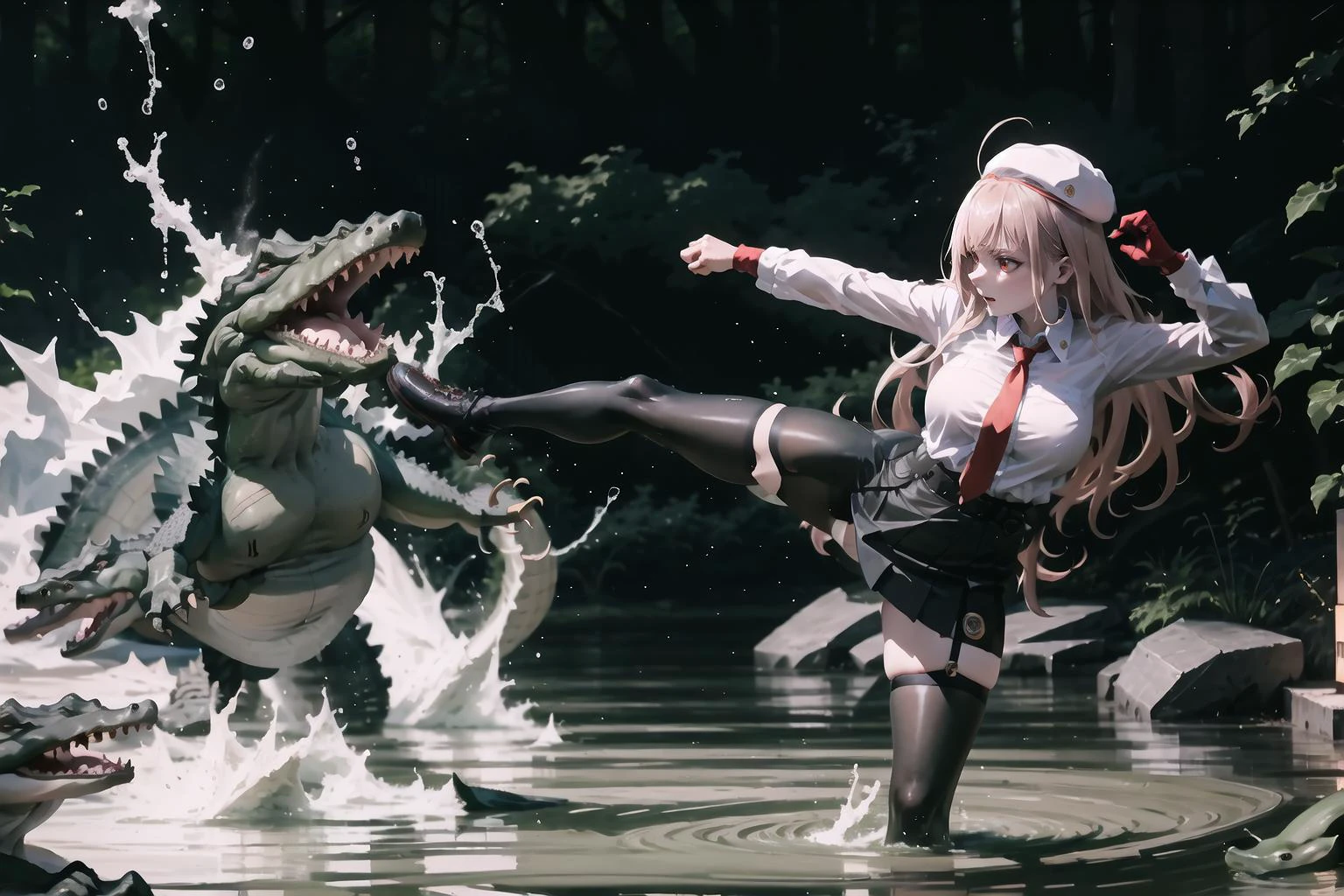 High Quality, Masterpiece, 1girl, IncrsAllgtrMeme, crocodile, kicking, water, standing on one leg, <lora:KickingAlligatorMeme:1>, rapi \\(nikke\\), rapidef, red eyes, hat, skirt, side slit, thigh highs, <lora:Char_NIKKE_Rapi:0.9>