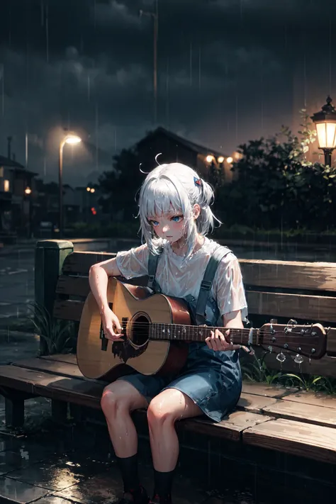 <lora:gura:1> gawr gura, white hair, sitting on park benches, wet, playing acoustic guitar, (raining:1.3), (dark sky:1.4), lamppost, <lora:add_detail:0.7>, high angle shot