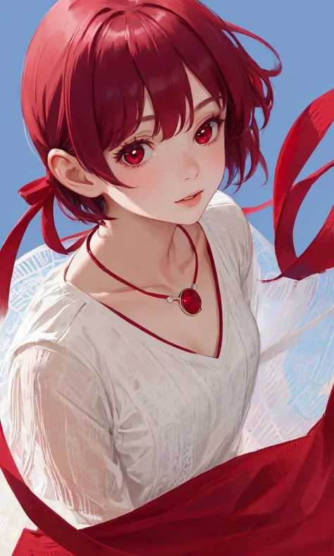 1 girl, solo, close up of a cute girl, clear delicate face, maroon dress, short hair, upper body,maroon hair, red eyes,, portrait, upper body, looking at viewer, necklace, maroon theme background , take angel from side
