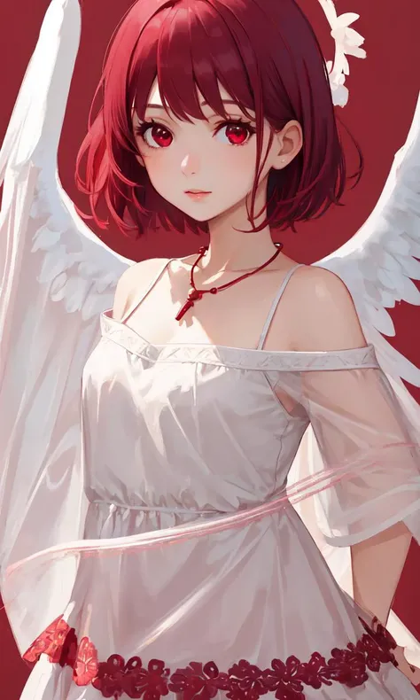 1 girl, solo, close up of a cute girl, clear delicate face, maroon dress, short hair, upper body,maroon hair, red eyes,, portrait, upper body, looking at viewer, necklace, maroon theme background , take angel from side