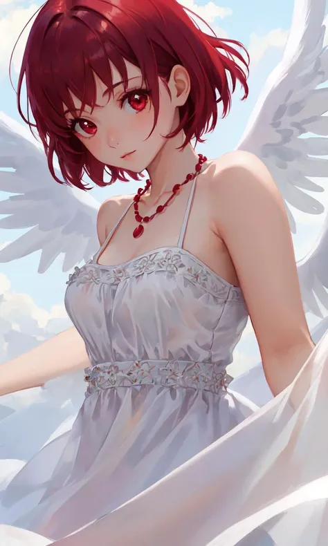 1 girl, solo, close up of a cute girl, clear delicate face, maroon dress, short hair, upper body,maroon hair, red eyes, cloud, portrait, upper body, looking at viewer, necklace, halo, angel wings,