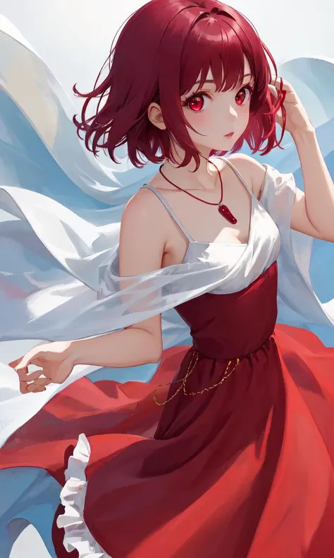 1 girl, solo, close up of a cute girl, clear delicate face, maroon dress, short hair, upper body,maroon hair, red eyes,, portrait, upper body, looking at viewer, necklace, maroon theme background , take angel from side