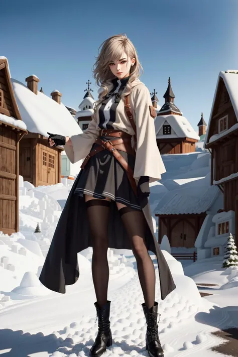 (8k:1.2), (RAW photo:1.2), (best quality:1.2), (masterpiece:1.2), (realistic:1.6), (photo-realistic:1.6), (3d:1.4), (unreal engine:1.2), (ultra high res:1.4), (physically-based rendering:1.2), 1girl, splash art, norse girl, young, (medium ash hair color:1.4), straight long hair, ivory skin, smooth skin, detailed skin, realistic skin, clean face, dark eyeliner, medium ash eyebrows color, arched eyebrows, large eyelash, natural face base, light red rouge, turn-up nose form, dark gray iris, sharp eyes shape, natural pink lips, oval lips form, diamond facial type, no prominent cheekbone, beautiful face, detailed face, cream color sweater, box-pleat skirt, cloak, cloak on, black leather gloves, large black leathers boots, sheer black pantyhose, (snow village scape:1.4), face direct to the camera, straight view, full body shot, modeling pose,
<lora:add_detail:0.4>,