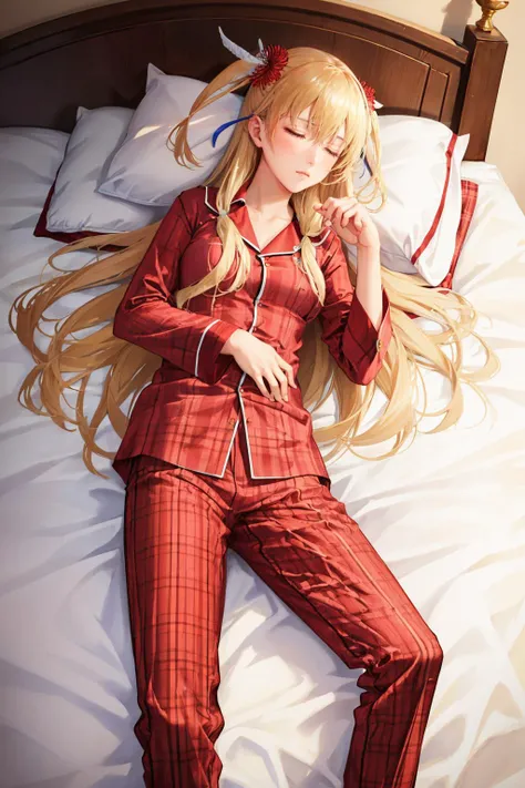 masterpiece, best quality, alisa reinford, two side up, red pajamas, pajama pants, sleeping, bed, closed eyes, upper body <lora:alisa-nvwls-v2-000009:0.9>