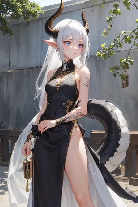 masterpiece, best quality, absurdres, perfect anatomy, standing, 1girl, solo, arm tattoo, bare shoulders, sleeveless, dress, dragon girl, dragon horns, jewelry, tail