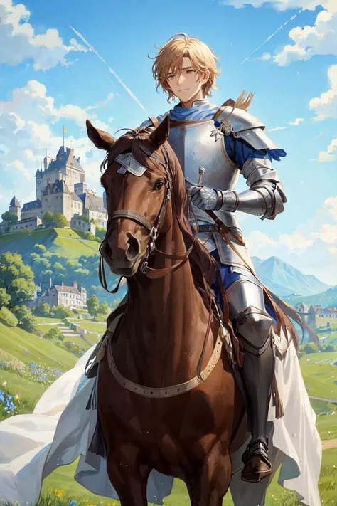 A majestic knight riding on horseback through a peaceful, green countryside, with a castle in the background and a blue sky overhead.
