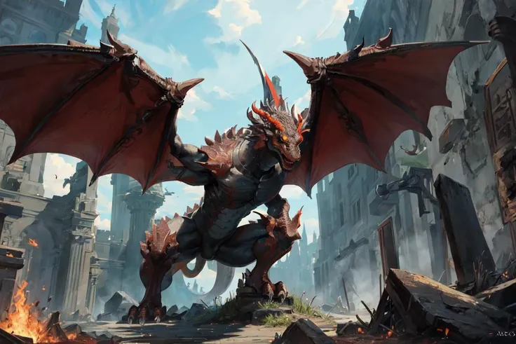 masterpiece, best quality, absurdres, dragon, creature, destruction, dragon wings, fire, monster, no humans, ruins