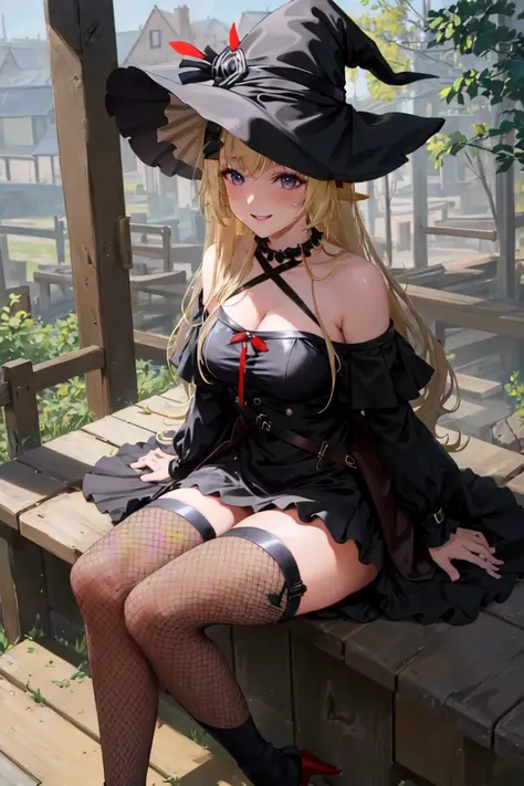 masterpiece, best quality, absurdres, perfect antomy, cinematic lighting, cowboy shot, Watame, solo, 1girl, witch, witch hat, tight dress, fishnets, fishnet pantyhose, cleavage, black dress, smile, parted lips, sitting