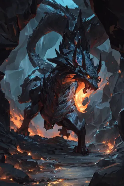 A fierce dragon breathing fire in a dark, cave-like setting, with rocks and gemstones scattered throughout the environment.