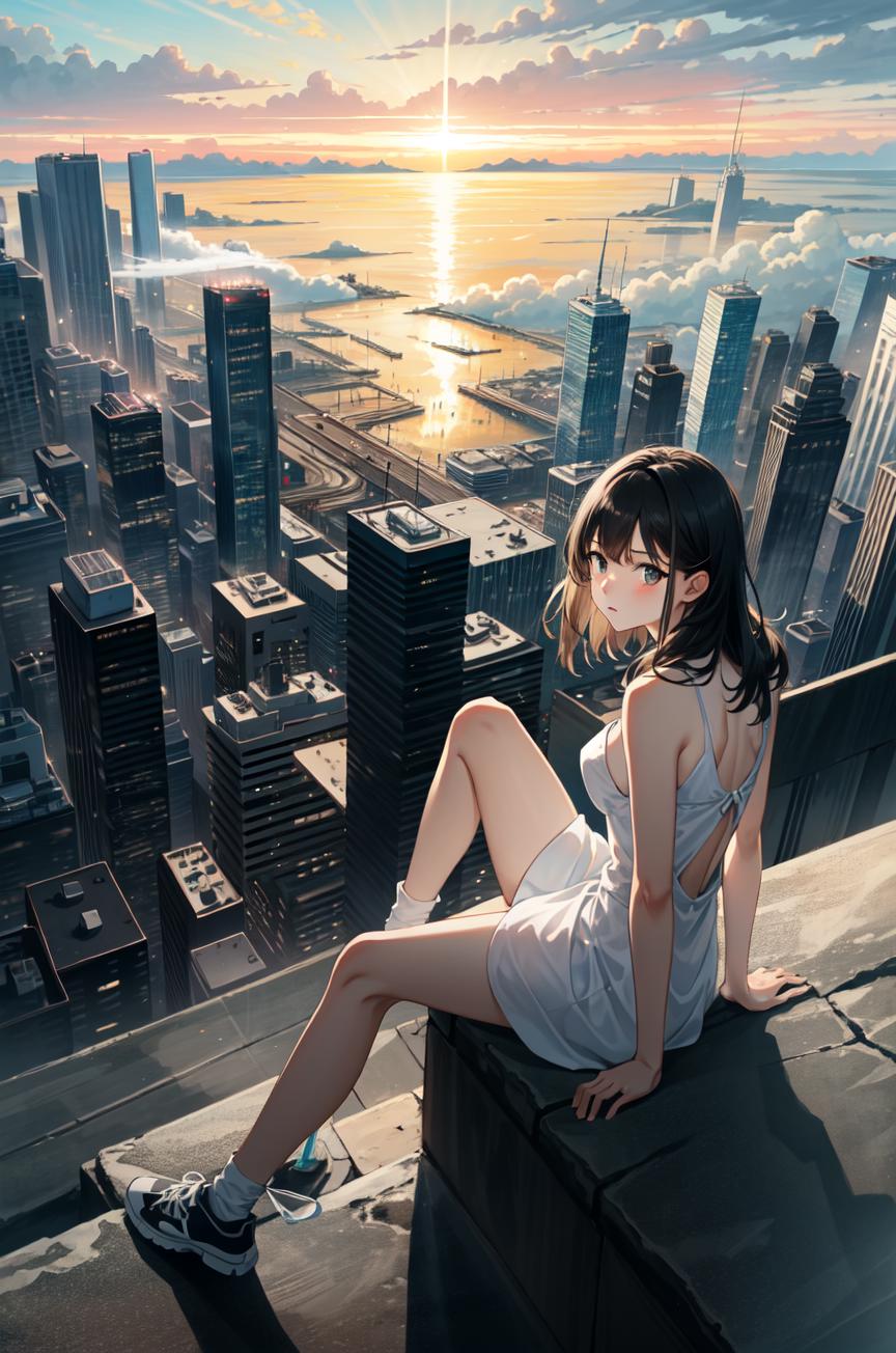 A woman sitting on a ledge overlooking a city at sunset - SeaArt AI