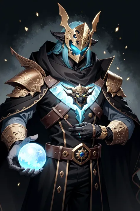 a filigree giant [metal|man|machine|shadow] creature with a blue orb core in chest, cloak, metal mask, dnd style, horror \(theme\)