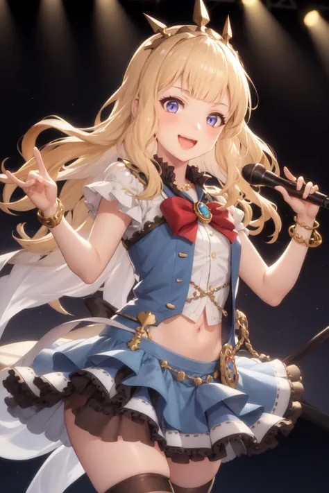 masterpiece, best quality, absurdres, perfect anatomy, 1girl, solo, Cagliostro, long hair, (idol, idol uniform, blue dress:1.2), bowtie, skirt, brooch, dress, concert, on stage, frilled skirt, jewelry, layered dress, midriff, short sleeves, thighhighs, microphone, holding microphone, stage lights, smile, :d