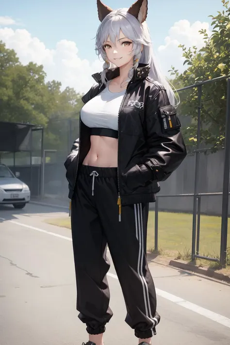 masterpiece, best quality, absurdres, perfect anatomy, 1girl, solo, Heles, long hair, outdoors, park, standing, smile, hands in pockets, open jacket, crop top, track pants