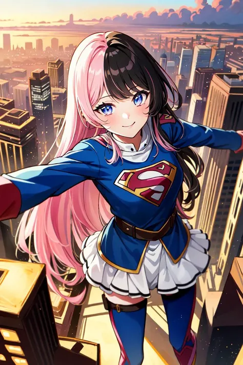 TachibanaHinano, 1girl, solo, long hair, medium breasts, (split-color hair, black hair, pink hair:1.3), blue eyes, smile, <lora:TachibanaHinano:1>, 8k, masterpiece, best quality, absurdres, perfect anatomy, cinematic lighting, cowboy shot, (supergirl costume:1.1), (flying, flying over city:1.2)