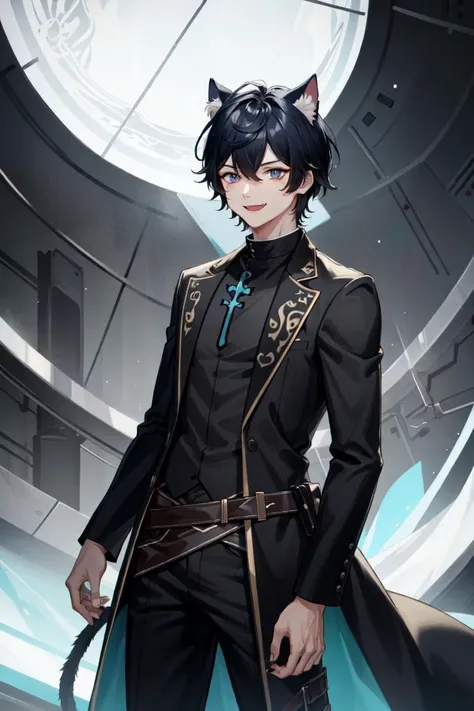 AxiaKrone, blue eyes, black hair, short hair, cat ears, cat tail, fangs, black nail, pale skin, cat boy, 1boy, solo, smile, standing, dynamic pose, <lora:AxiaKrone:0.4>, 8k, masterpiece, best quality, absurdres, perfect anatomy, cinematic lighting, cowboy shot, (priest uniform:1.1),