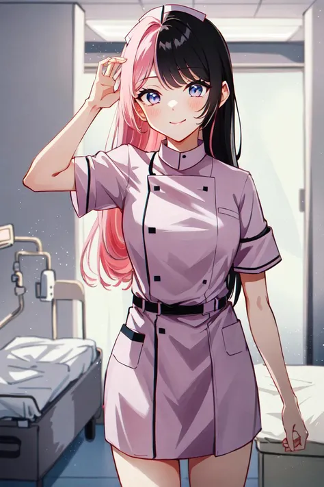 TachibanaHinano, 1girl, solo, long hair, medium breasts, (split-color hair, black hair, pink hair:1.3), blue eyes, smile, standing, dynamic pose, <lora:TachibanaHinano:1>, 8k, masterpiece, best quality, absurdres, perfect anatomy, cinematic lighting, cowboy shot, (nurse uniform:1.1), (hospital, surgery room:1.1)