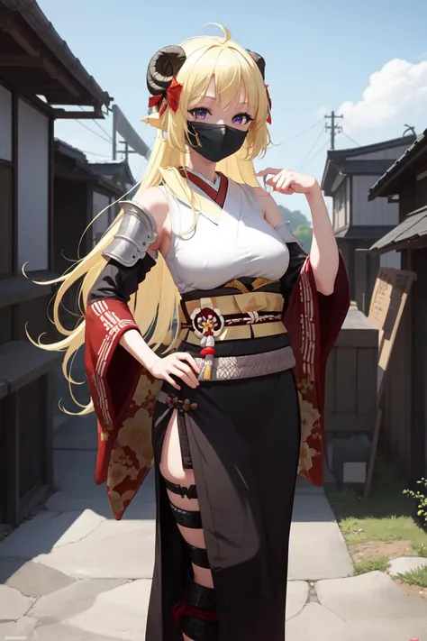 masterpiece, best quality, absurdres, perfect anatomy, 1girl, solo, Tsunomaki Watame, (samurai), japanese armor, mask, mouth mask, shoulder armor, standing, outdoors, japanese village, smile, confident stance, dynamic angle, hand on hips